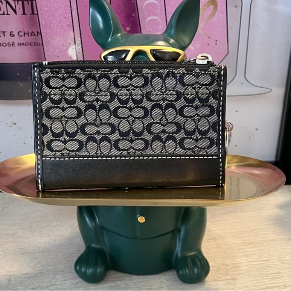 Coach Signature Jacquard Black Gray Zip Card Holder Coin Wallet 43615 Micro C - Picture 2 of 5
